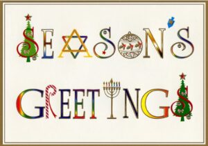 seasons greetings graphic with christian and jewish images as letters